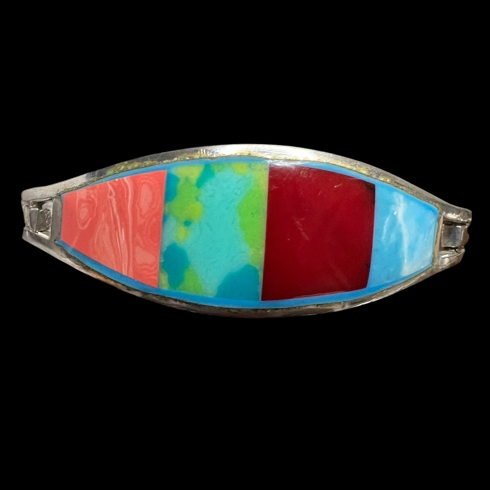 Vintage Alpaca Mexico Bangle Bracelet Multi Color Enamel Silver Tone 7.2 in - Picture 2 of 15